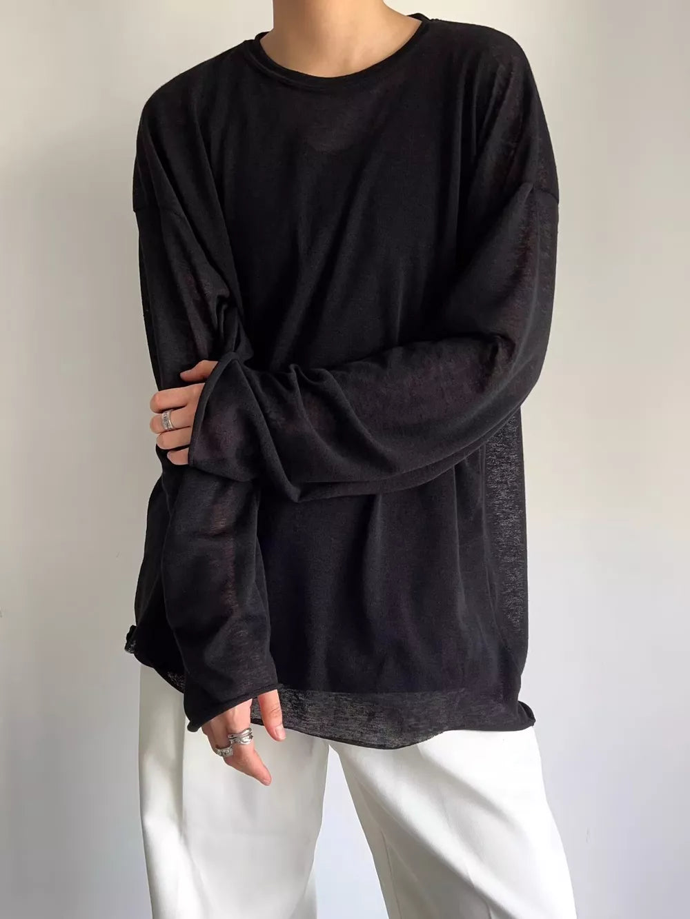 Men's Plus Size Heathered Long-sleeve T-shirt in Black, back view