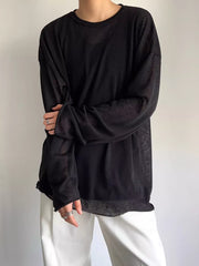 Men's Plus Size Heathered Long-sleeve T-shirt in Black, back view