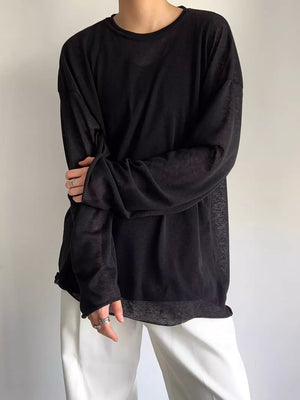 Men's Plus Size Heathered Long-sleeve T-shirt in Black, back view