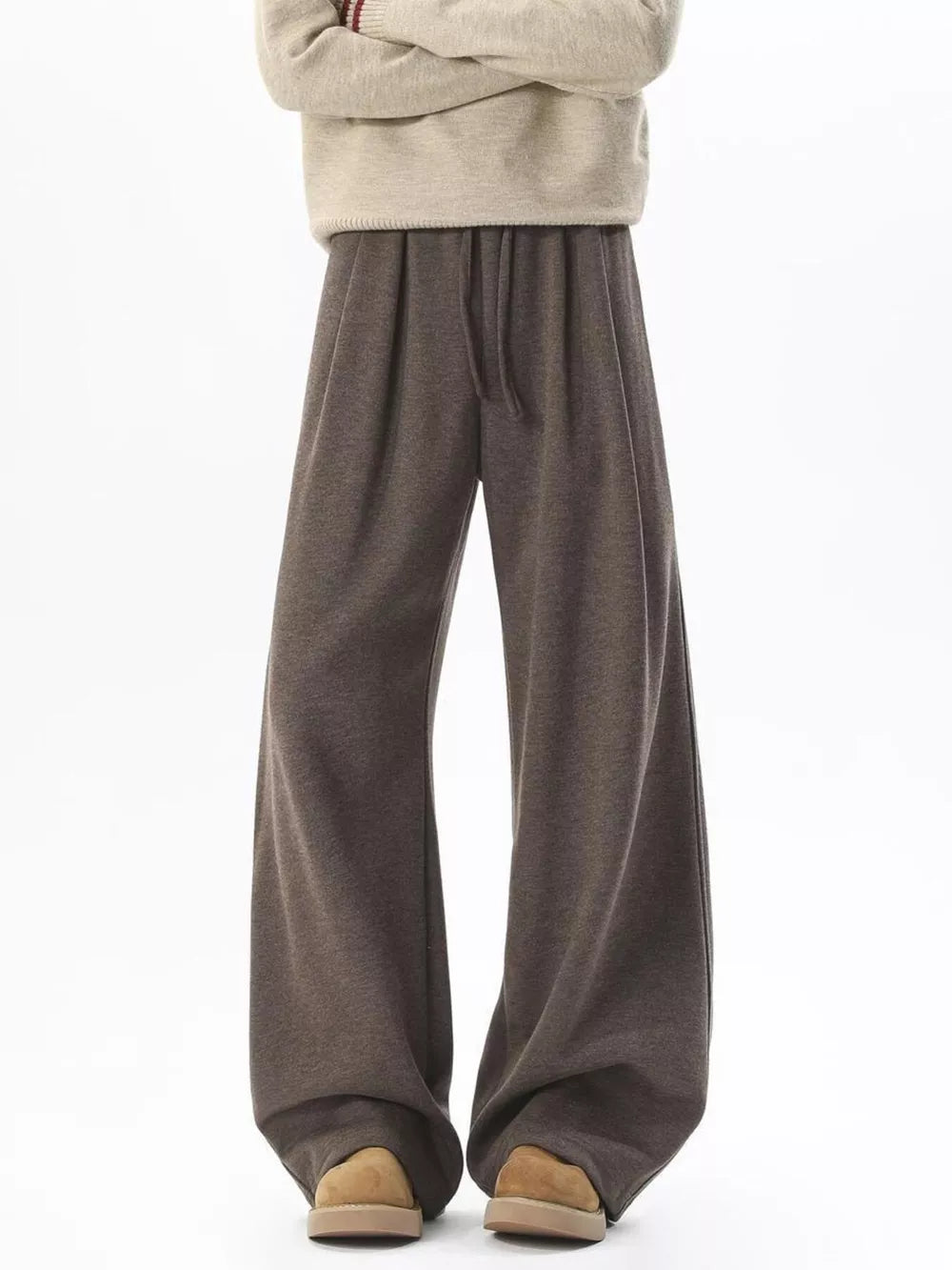 Brown wide-leg sweatpants with adjustable drawstring waist and comfortable fit.