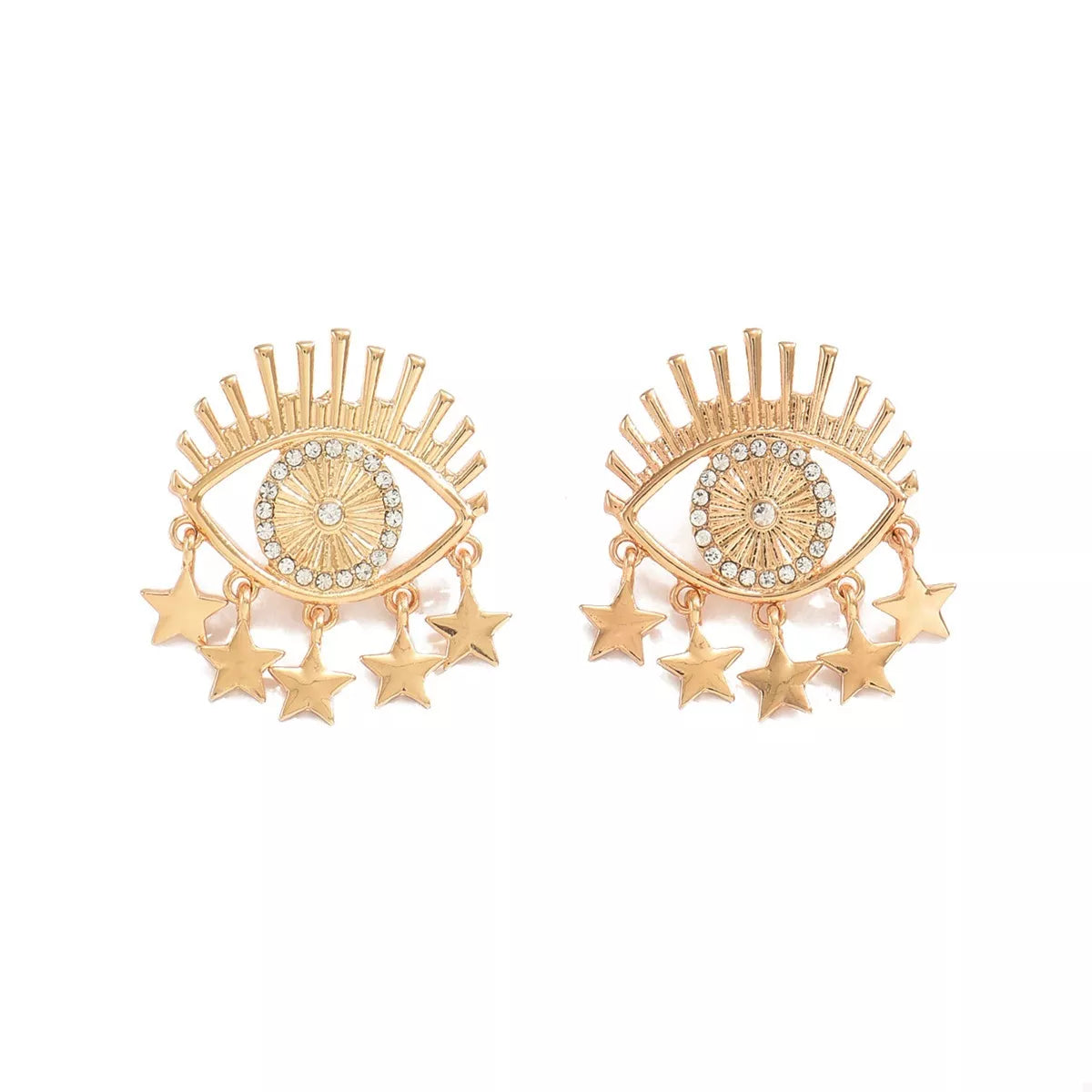 Gold evil eye dangle earrings with stars and crystal accents