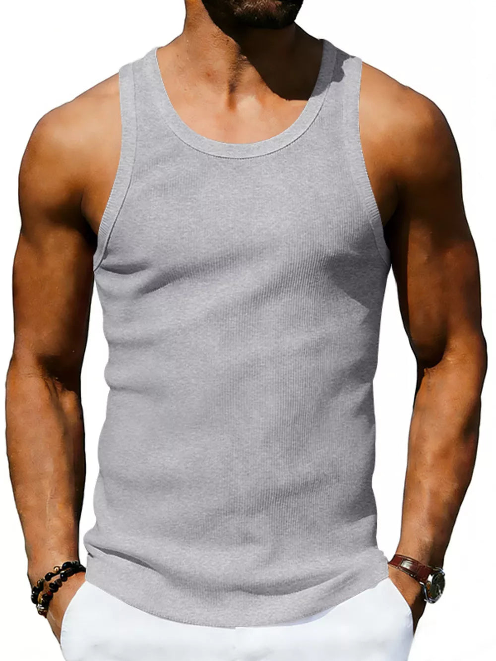 Men's Full Size Round Neck Tank in White, model styling view