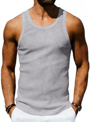 Men's Full Size Round Neck Tank in White, model styling view