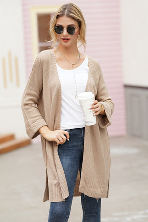 Textured open-front maxi knit cardigan in dust storm acrylic with a relaxed fit.