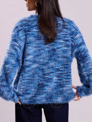 Blue textured knit cardigan with fuzzy yarn and horizontal stripes.