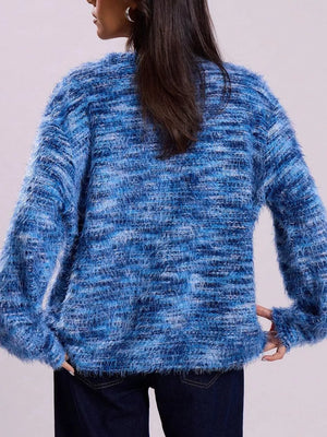 Blue textured knit cardigan with fuzzy yarn and horizontal stripes.