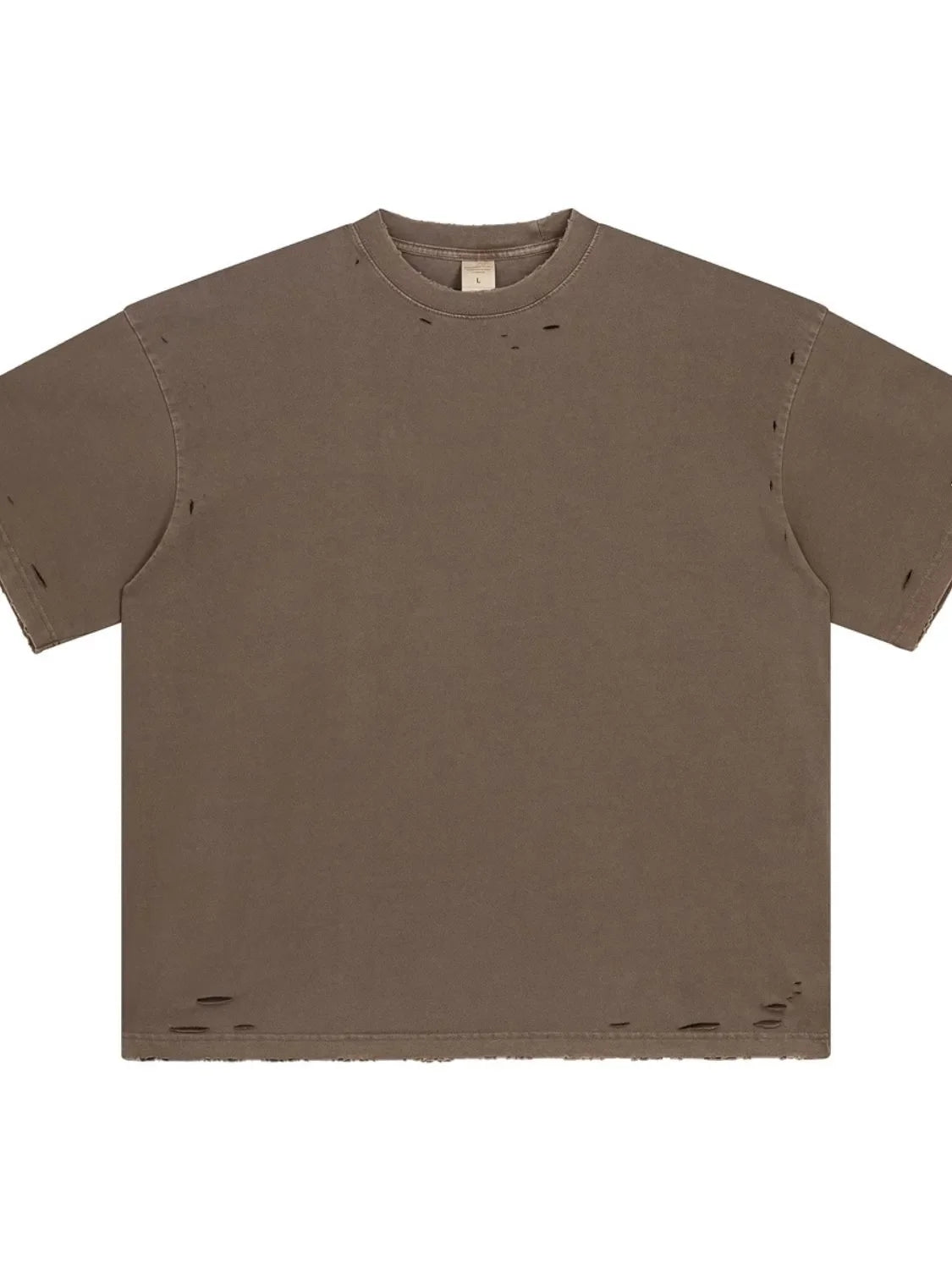 Distressed oversized cotton tee in coffee brown with raw hem and ripped details.