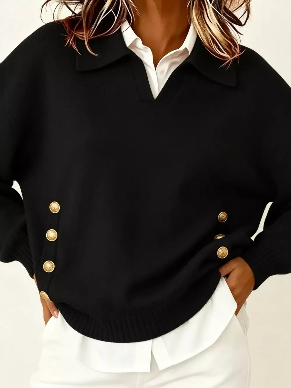 Collared Button-front Knit Sweater in Red, view 16