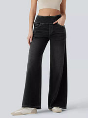 Maternity wide-leg jeans in dark wash denim with a comfortable high waist.