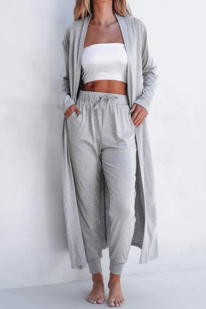 Gray duster and jogger set with drawstring waist and pockets, styled with a white tube top.
