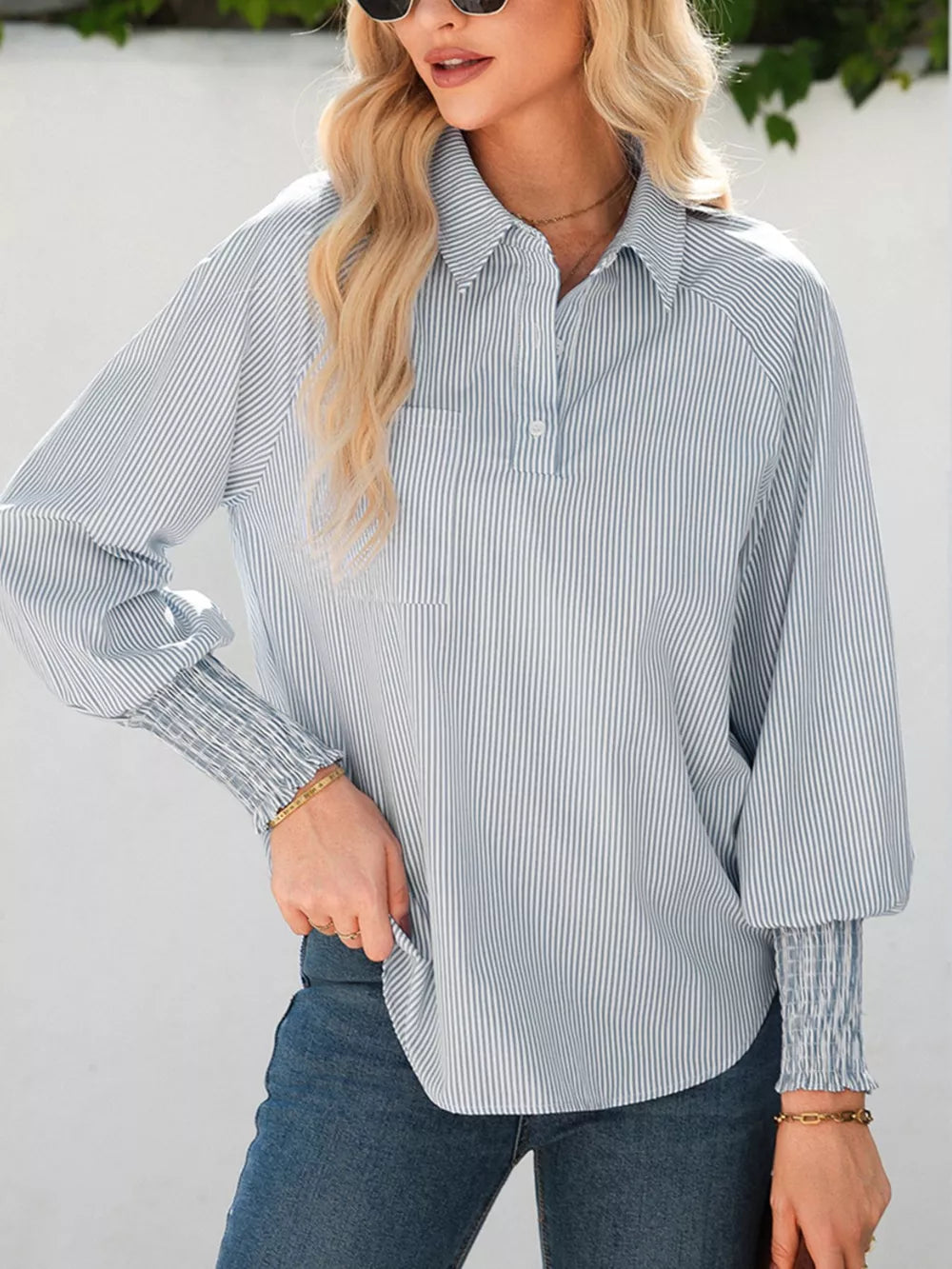 Effortlessly Chic Smocked Cuff Button Shirt