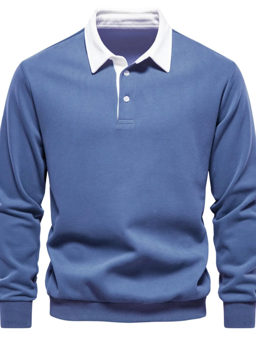 Dusty Blue long sleeve rugby sweatshirt with white collar and button placket.