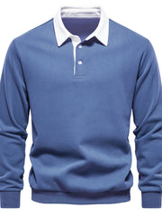 Dusty Blue long sleeve rugby sweatshirt with white collar and button placket.