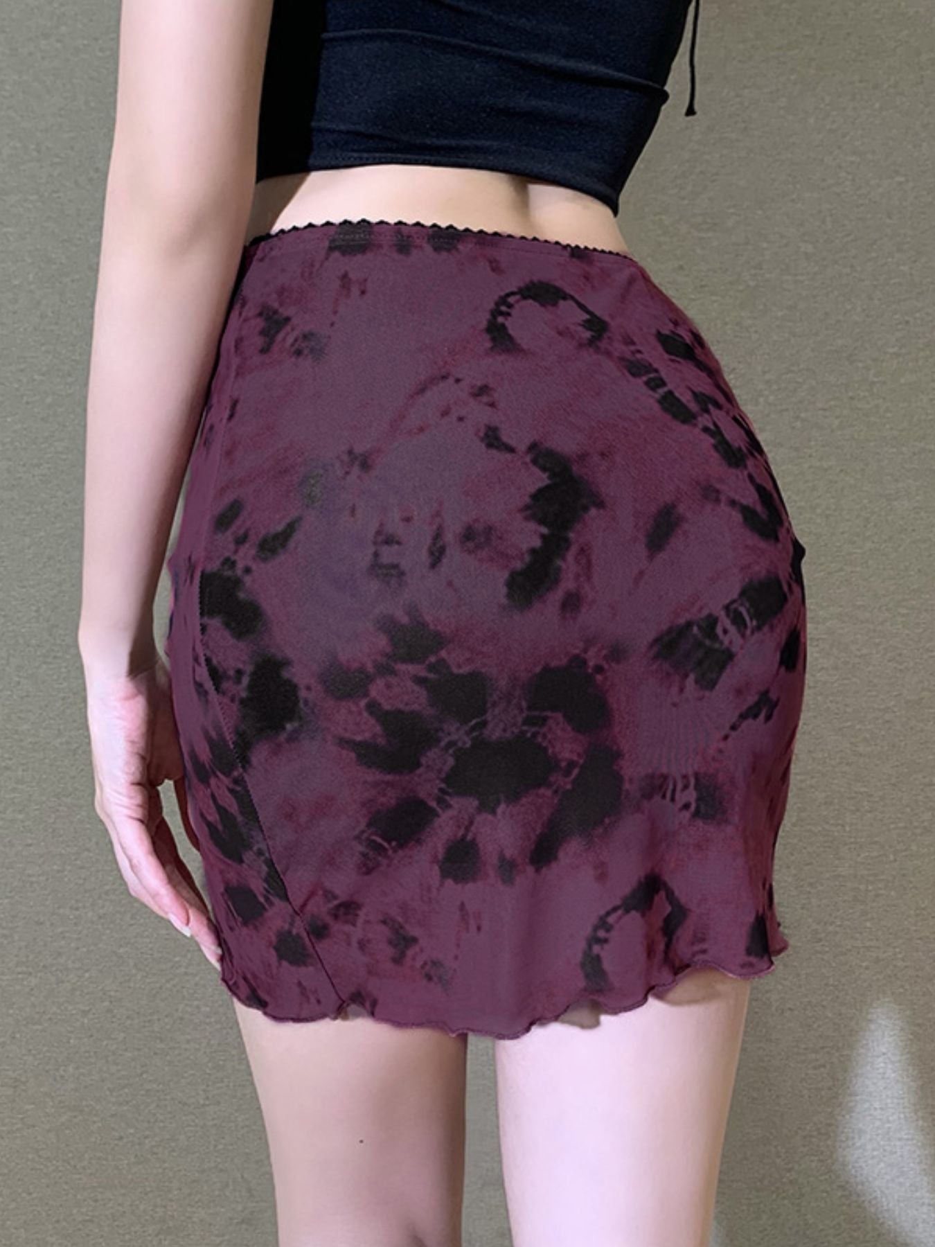 Mesh bodycon mini skirt in burgundy tie-dye with scalloped hem