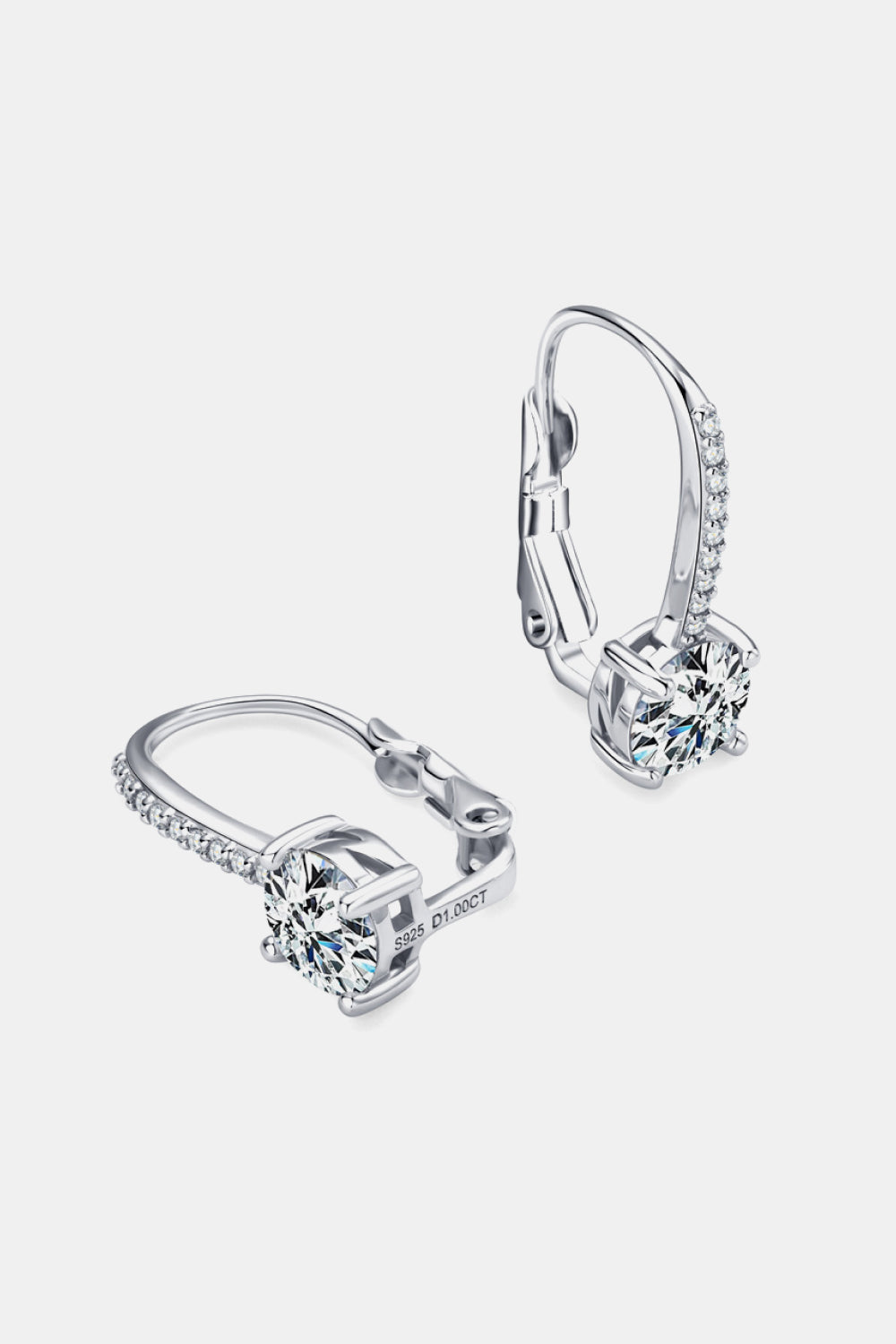 Silver pavé-set moissanite leverback earrings with a round-cut center stone.