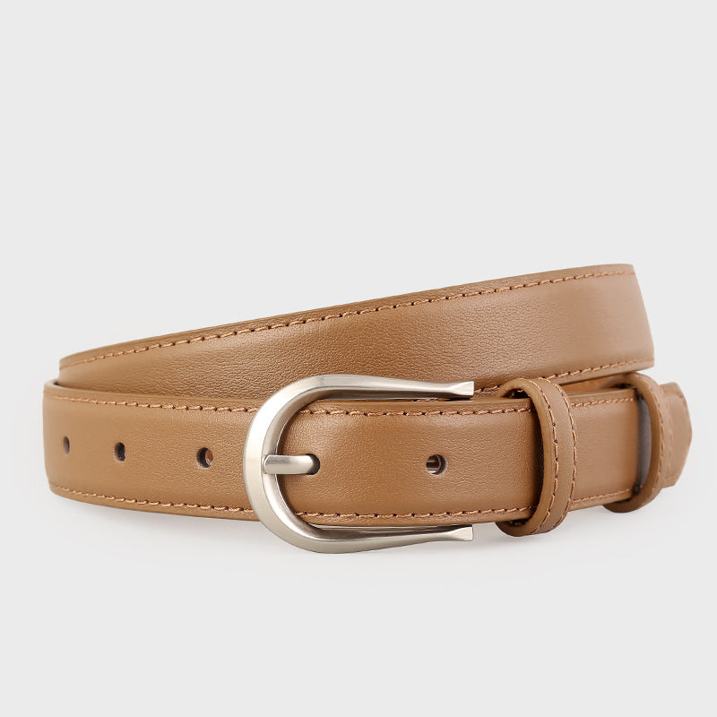 Classic leather belt in coffee brown with a silver buckle and stitched details.