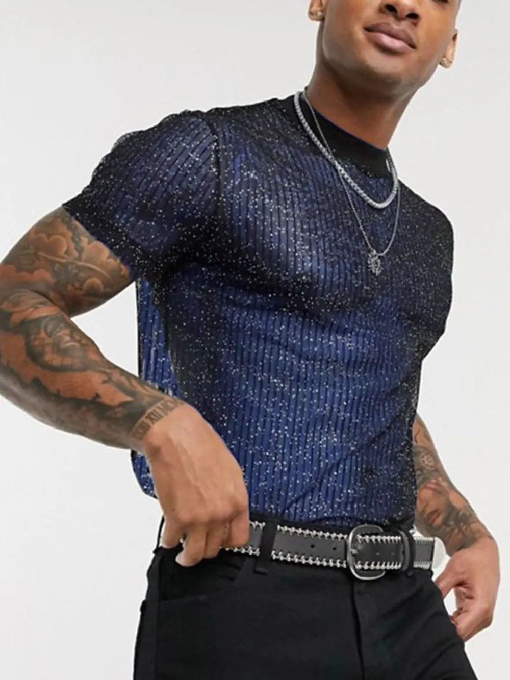 Glitter mesh mock neck tee in navy with vertical ribbing and short sleeves.