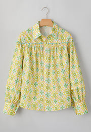 Yellow green floral ruffle yoke button-down blouse with blue trim