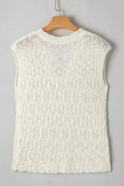 Textured knit shell top in beige with a crew neck and cap sleeves.