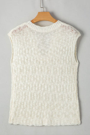 Textured knit shell top in beige with a crew neck and cap sleeves.