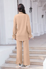 Tan textured tie-sleeve co-ord set with flared pants and split hem