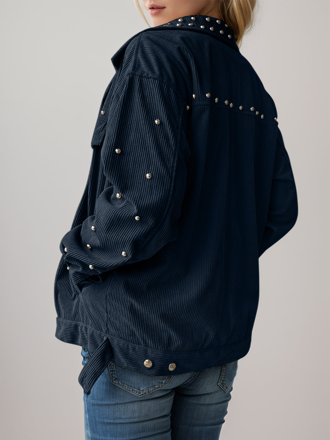 Navy corduroy studded overshirt with relaxed fit and collar detail
