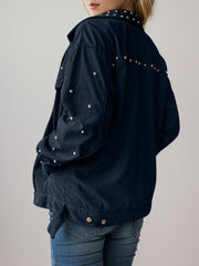 Navy corduroy studded overshirt with relaxed fit and collar detail