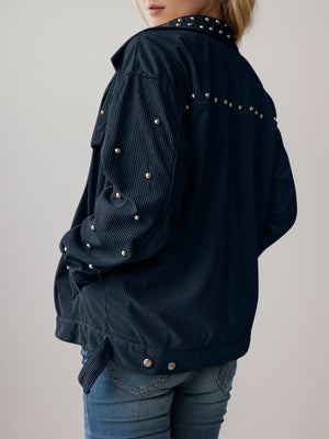 Navy corduroy studded overshirt with relaxed fit and collar detail