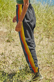 Gray track pants with rainbow stripe detail on the side