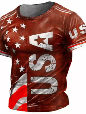 Men's rust USA flag print crew neck t-shirt with distressed details.