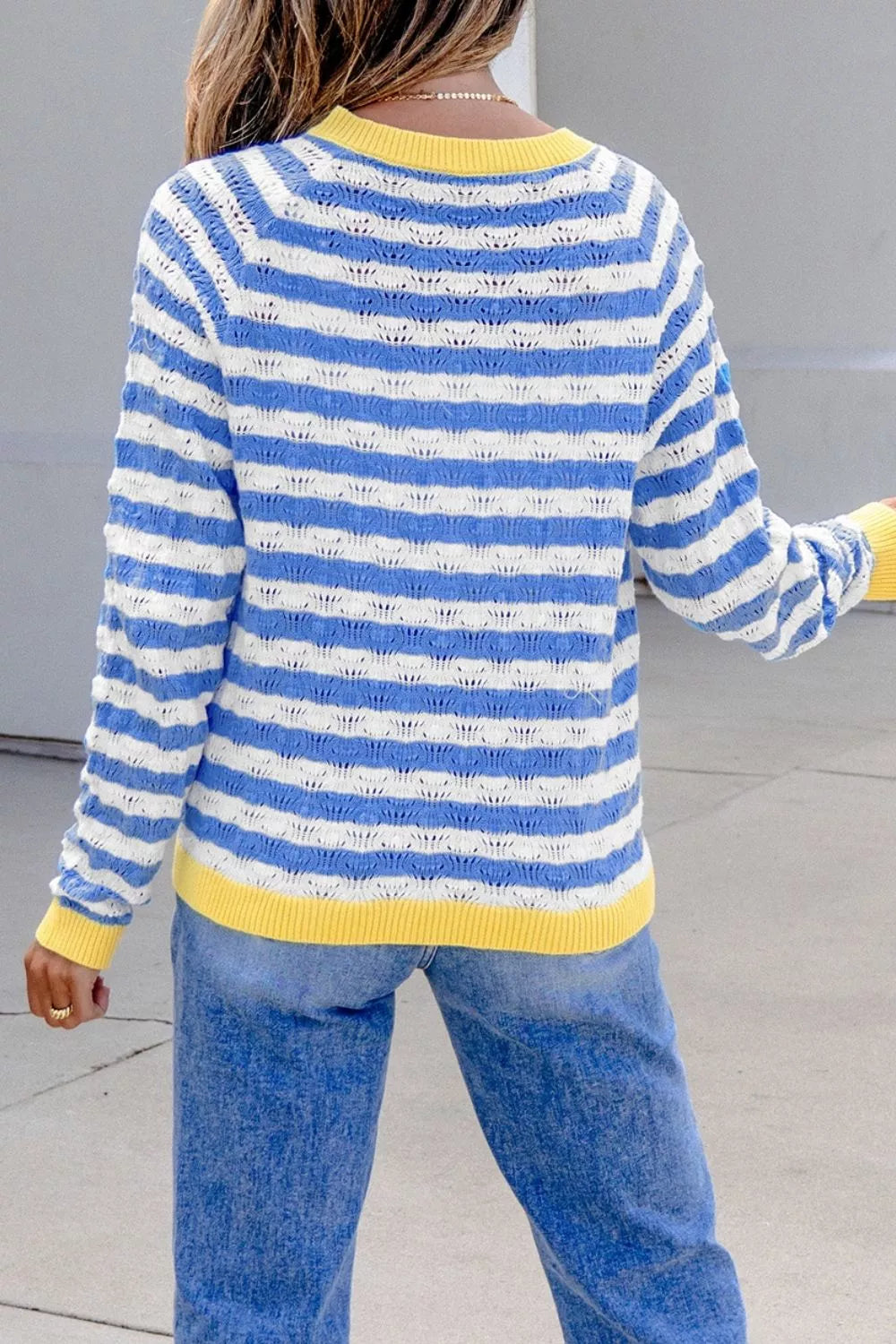 Button-down V-neck Knit Long-sleeve Top in Light Blue, side view