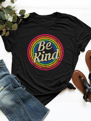 Black t-shirt with retro rainbow graphic and "Be Kind" text.