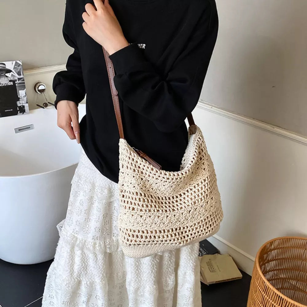 Crochet Knit Shoulder Bag in Tan, close-up detail