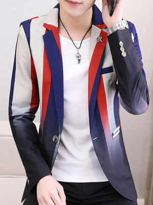Men's slim fit blazer with gradient red, blue, and white stripes and black sleeves.