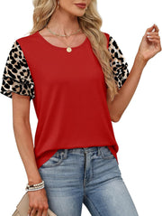 Red t-shirt with layered leopard print ruffled short sleeves and a crew neck.
