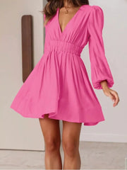 Hot Pink V-neck mini dress with puff sleeves and elastic waist