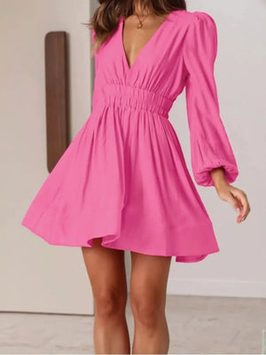 Hot Pink V-neck mini dress with puff sleeves and elastic waist