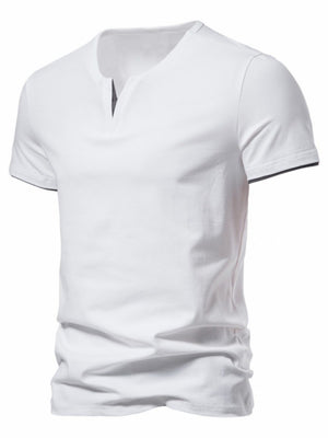 Men's white cotton slim fit tee with notched V-neck and dark trim on sleeves.