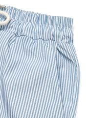 Light blue striped pleated cargo palazzo trousers with drawstring waist.