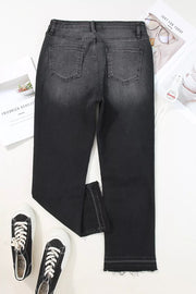 Charcoal washed denim maternity jeans with distressed hem detail.