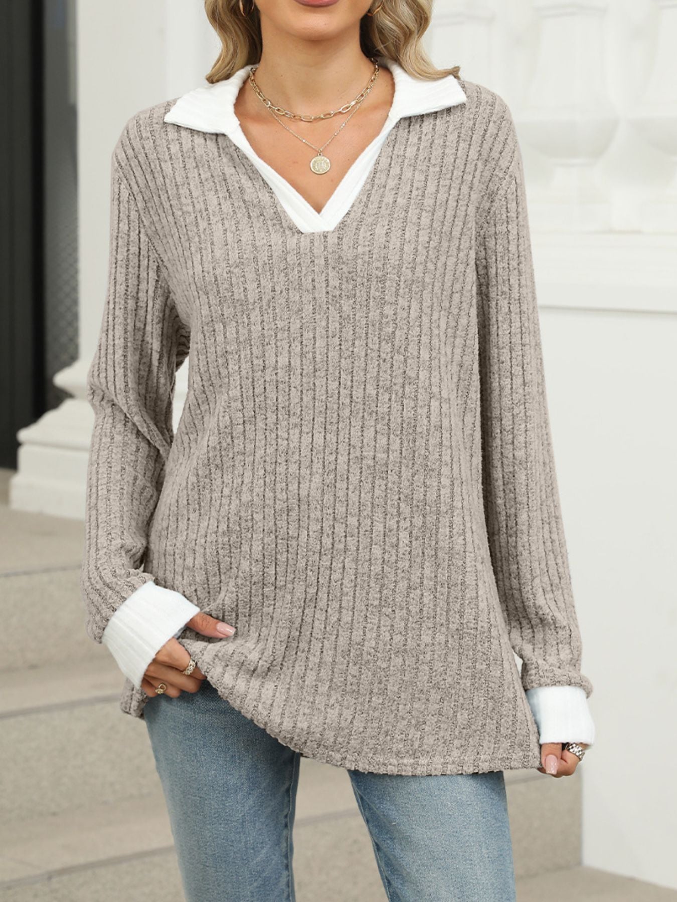 Ribbed knit long sleeve t-shirt in Khaki with white collar and cuffs, V-neck.