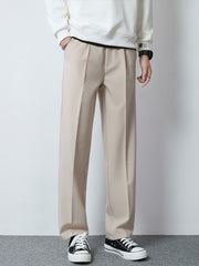 Men's Khaki wide-leg casual pants with a relaxed fit and pleats.