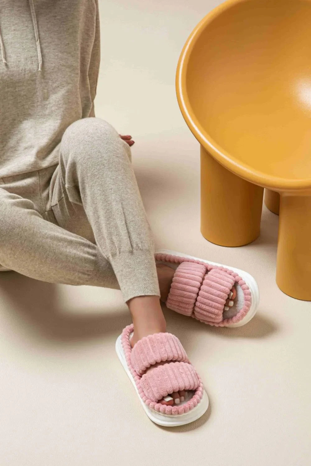 Dusty Pink ribbed terrycloth platform slides with double strap detail.