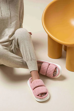 Dusty Pink ribbed terrycloth platform slides with double strap detail.