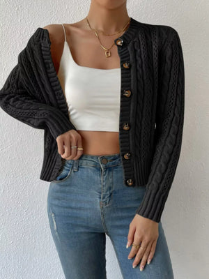 Black cable-knit button-front cardigan with a crew neck and long sleeves.