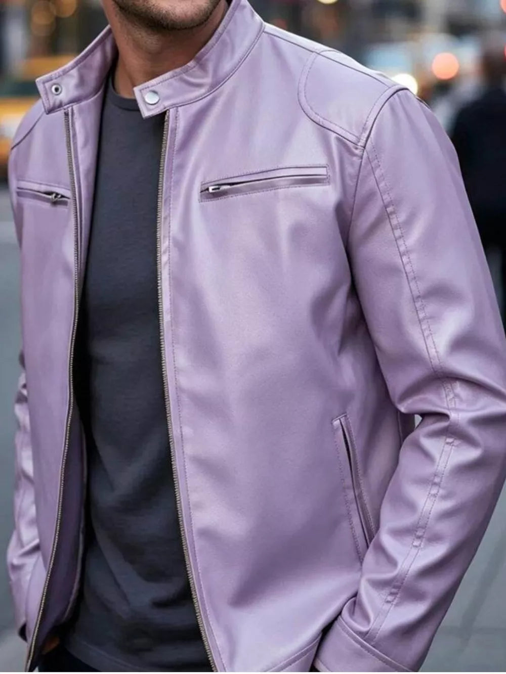 Men's Full Size Faux Leather Bomber Jacket, model styling view