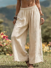 Full Size Bohemian Wide-leg Pants Plus Size in Light Brown, front view