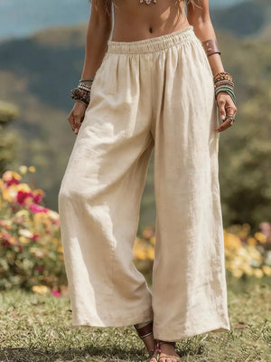 Full Size Bohemian Wide-leg Pants Plus Size in Light Brown, front view