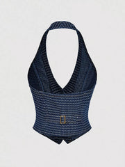 Halter Neck Denim Vest And Wide-leg Jeans Set, fit detail