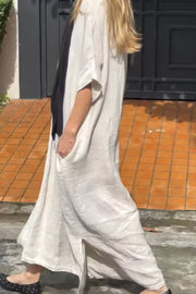 Full Size V-neck Maxi Dress Plus Size in Navy Blue, model styling view